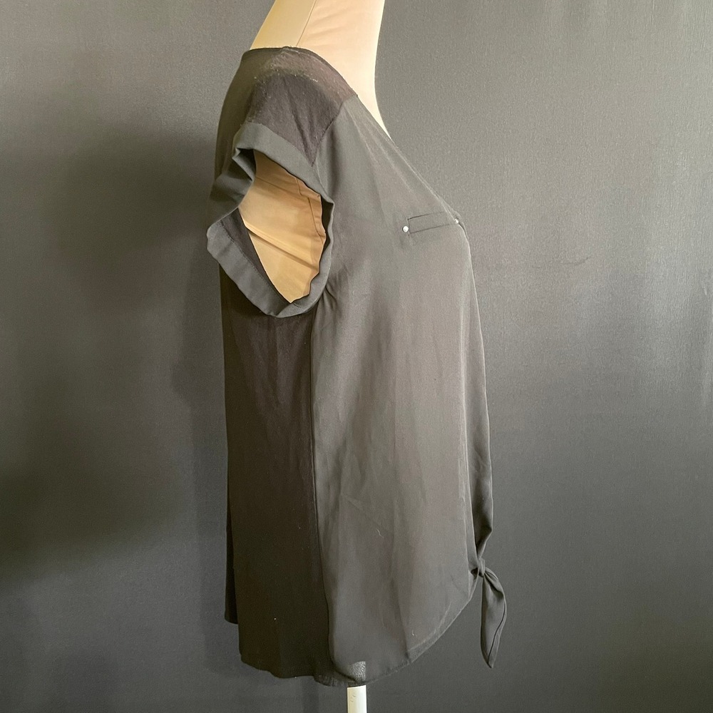 Fortune + Ivy Blouse Women Medium Black Good Tie Front Mixed Media Studded Cap - Picture 3 of 7